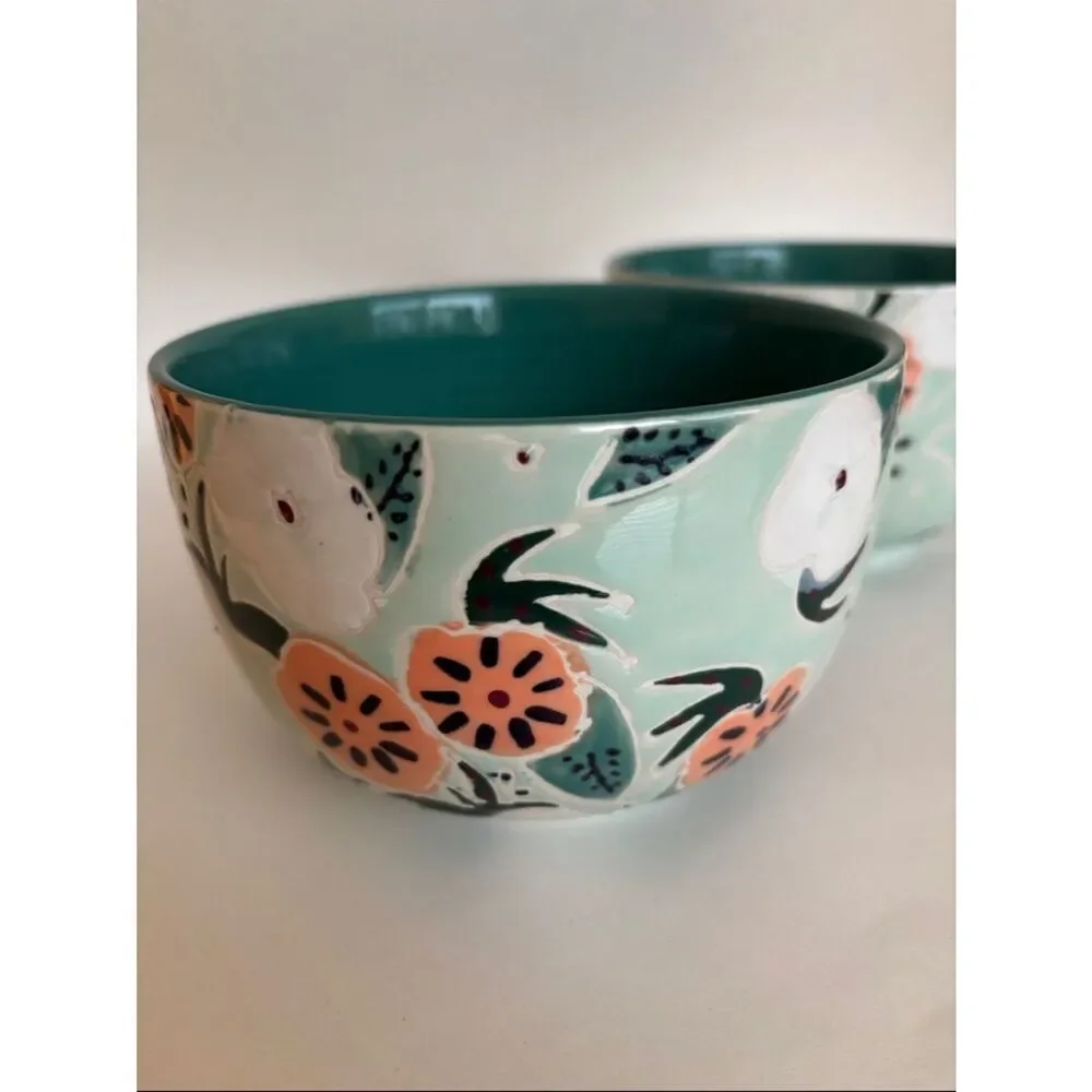 NWT Anthropologie Mathilde Turquoise Hand Painted Bowls Set Of 2